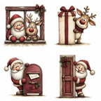 Burgundy Santa & Reindeer Peeking Christmas Clipart