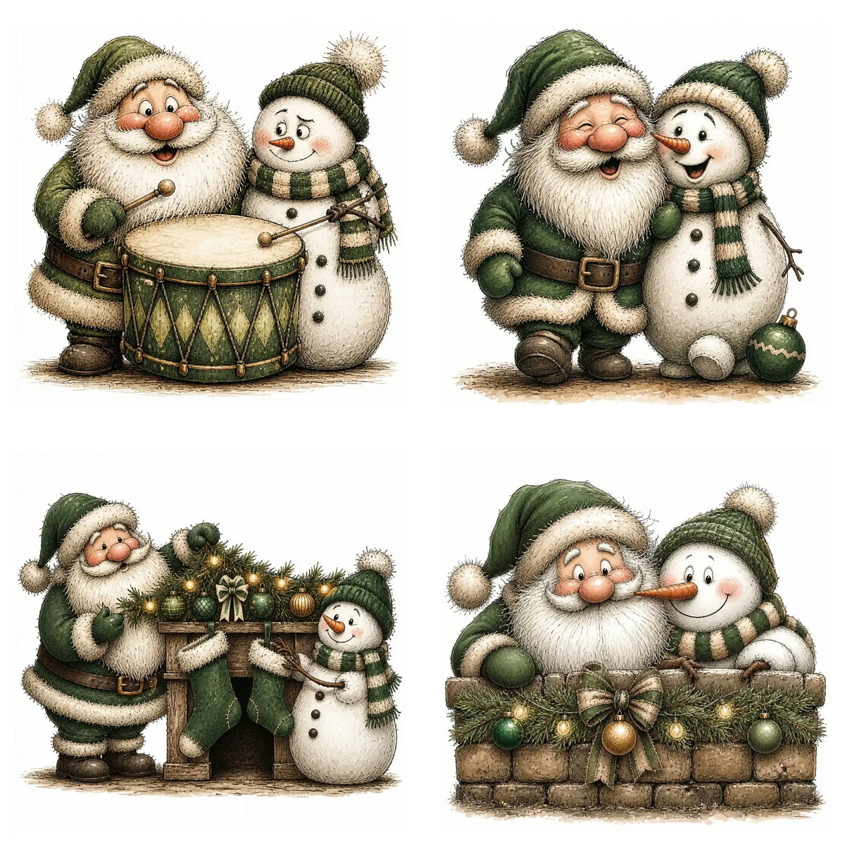 Green Santa & Snowman Christmas Clipart