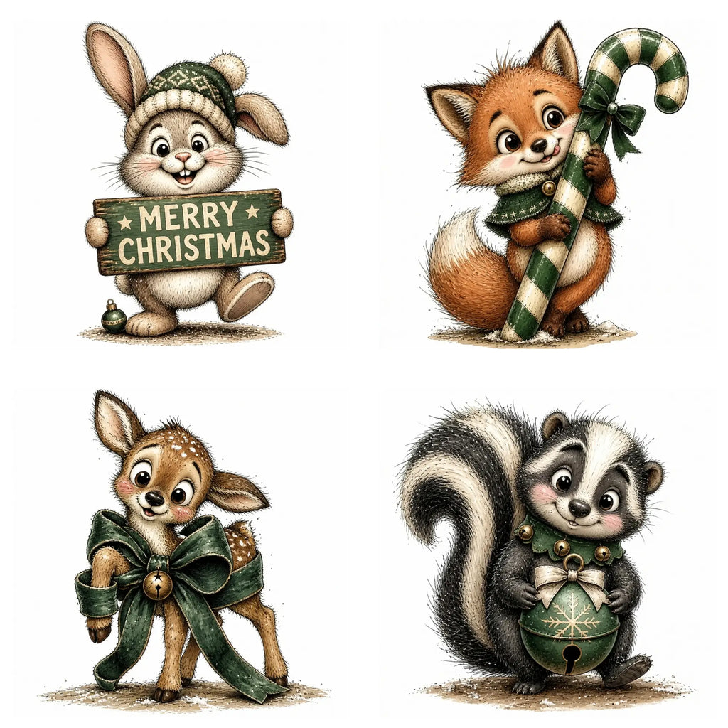 Green Christmas Woodland Animal Clipart
