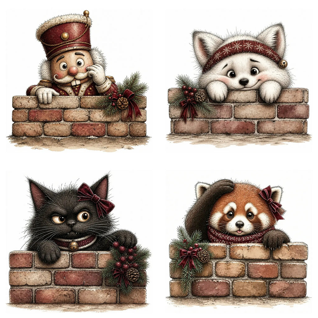 Whimsical watercolor burgundy Christmas peekers clipart bundle featuring cute holiday animals and festive characters in playful peeking poses with rich burgundy winter accessories and charming seasonal details in high-quality PNG and JPG formats, perfect for Christmas cards, invitations, stickers, scrapbooking, holiday crafts, and commercial digital designs.
