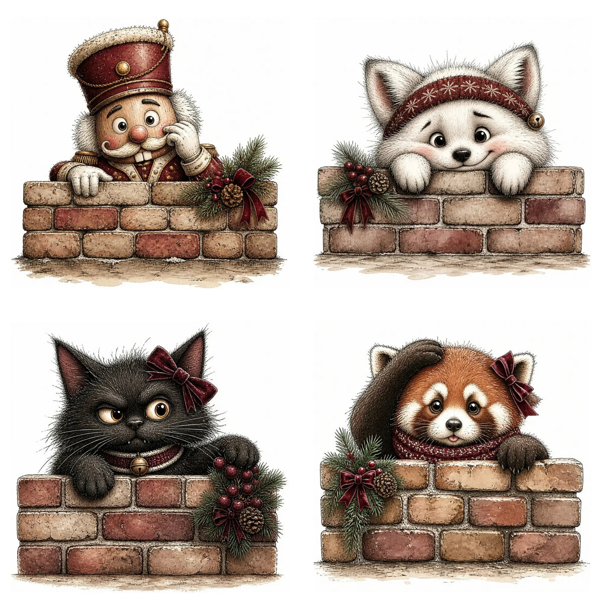 Whimsical watercolor burgundy Christmas peekers clipart bundle featuring cute holiday animals and festive characters in playful peeking poses with rich burgundy winter accessories and charming seasonal details in high-quality PNG and JPG formats, perfect for Christmas cards, invitations, stickers, scrapbooking, holiday crafts, and commercial digital designs.